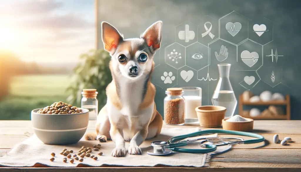 A serene Chihuahua Terrier mix in a setting that suggests health and longevity, symbolizing the breed's health concerns and lifespan with a focus on wellbeing.