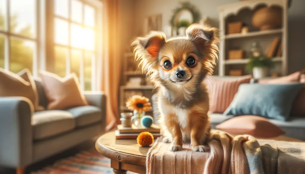 A Chihuahua Terrier mix dog in a cozy living room, embodying the adorable and affectionate nature of the breed, ideal for understanding the Chihuahua Terrier mix.