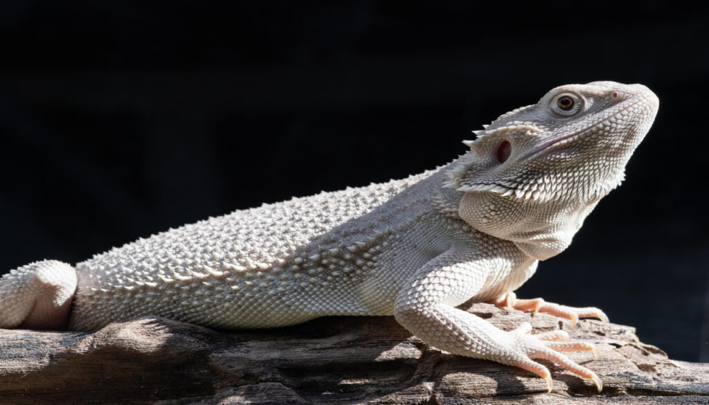 An image featuring a white bearded dragon showcasing its unique physical characteristics and captivating appearance. The dragon's flat body with creamy white to pale yellow coloration, distinctive spiky beard under its chin, and sharp claws are highlighted. The reptile is posed in a setting that conveys a sense of curiosity and docile nature, reflecting the engaging companionship these reptiles offer. The image complements the exploration of White Bearded Dragon facts in the article.