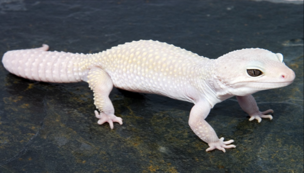 Image of a captivating Blizzard Leopard Gecko, showcasing its unique and rare appearance with a pure white and lightly shaded body, devoid of typical gecko markings. The gecko's cool demeanor and striking features make it a sought-after pet for reptile enthusiasts. Explore whether the Blizzard Leopard Gecko is the right and quirky companion for you.